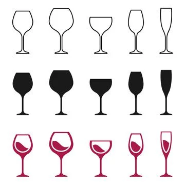 Wine glass vector icons set with red drink outline and black silhouette Stock Illustration