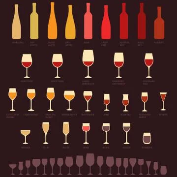 Wine glasses and bottle types, Stock Illustration