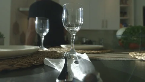 Wine Glasses and Silverware Set On Table Stock Footage 121287347