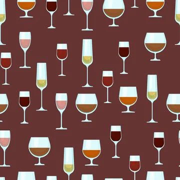 Wine glasses of different shapes with different alcohol seamless pattern. Vector Stock Illustration