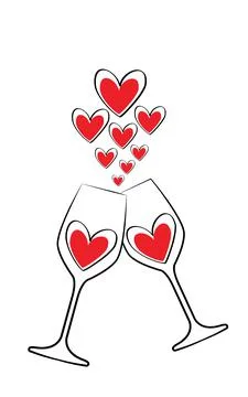 Wine glasses illustration with red hearts, vector Stock Illustration