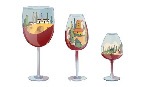 Wine Glasses with Red Liquid on the Bottom and Vineyard Landscape Inside Vector 스톡 일러스트