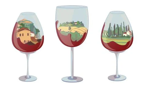 Wine Glasses with Red Liquid on the Bottom and Vineyard Landscape Inside Vector 스톡 일러스트