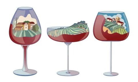 Wine Glasses with Red Liquid on the Bottom and Vineyard Landscape Inside Vector 스톡 일러스트