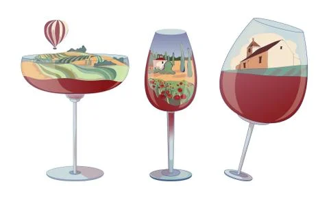 Wine Glasses with Red Liquid on the Bottom and Vineyard Landscape Inside Vector 스톡 일러스트