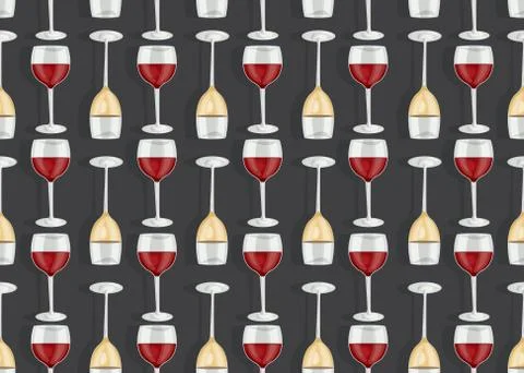Wine glasses seamless pattern on black background with shadow, White and Red  Illustrazione stock
