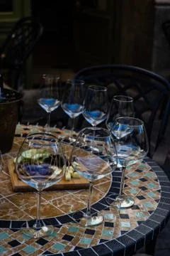 Wine glasses on a table 스톡 사진