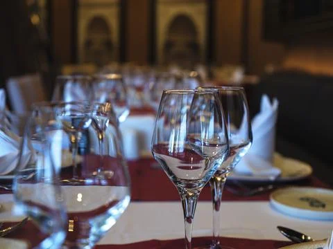 Wine glasses on the table in a restaurant Stock Photos