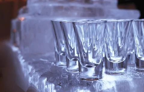 Wine glasses on the table served for the reception in the restaurant Stock Photos
