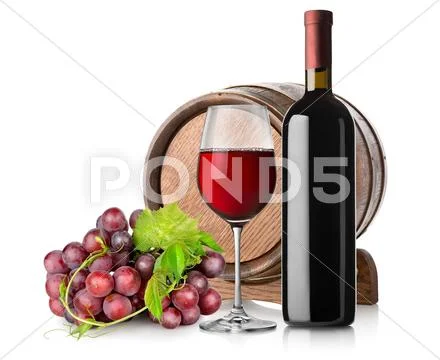 Wine with grape and barrel Stock Photos
