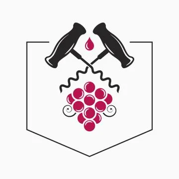 Wine grape with wine corkscrew logo on white Stock Illustration