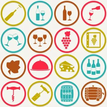 Wine icons set. Design elements for restaurant, food and drink. Colorful vector  Illustrazione stock