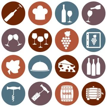Wine icons set. Flat design for restaurant, food and drink. Vector illustration. Stock Illustration