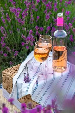 Wine in a lavender field. Selective focus. Stock Photos