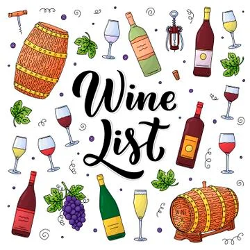 Wine list design elements. Vector illustration. Hand drawn calligraphy and wi Stock Illustration