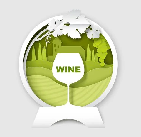 Wine logo, label, emblem template. Vector paper cut wine glass, grape vine Stock Illustration