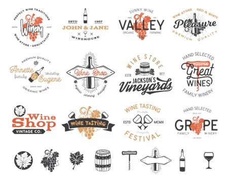 Wine logos, labels set. Winery, wine shop, vineyards badges collection. Retro 스톡 일러스트