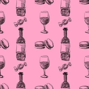 Wine, Macarons and Candy Scribble Seamless Pattern on Pink Background Stock Illustration