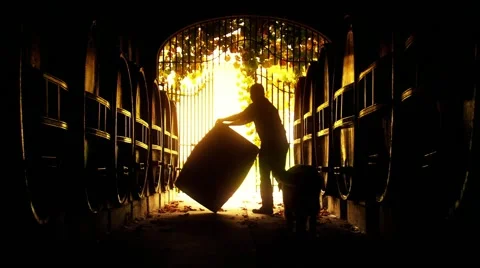 Wine Maker Rolls Oak Barrel in Winery Cellar with dog following along (2 Vers) Stock Footage