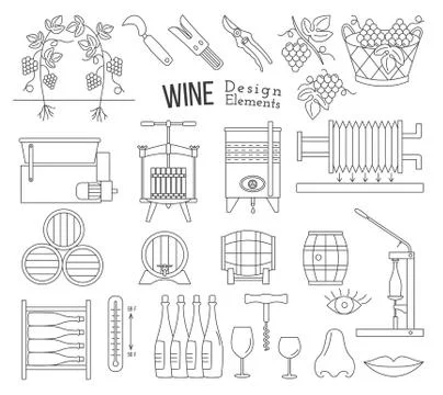 Wine making and wine tasting design elements Stock Illustration