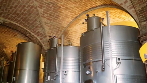 Wine making factory with large stainless tanks for wine fermentation Stock Footage 317386933