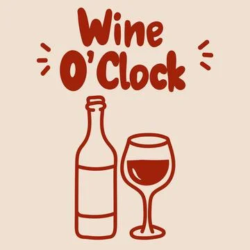 Wine O Clock Wine Bottle and Glass Doodle Illustrazione stock
