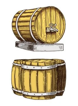 Wine or rum, beer classical wooden barrels for rural landscape with villa front Stock-Illustration