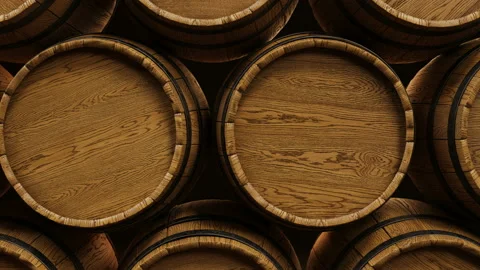 Wine or Whiskey barrels stacked at the winery. Looped animation. Stock Footage