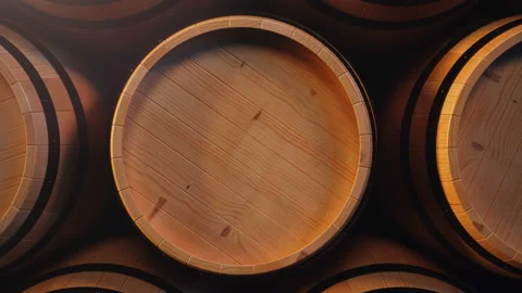 Wine or Whiskey in vaults. Barrel in the basement. Wine, beer, Whiskey barrels Stock Footage 104864927