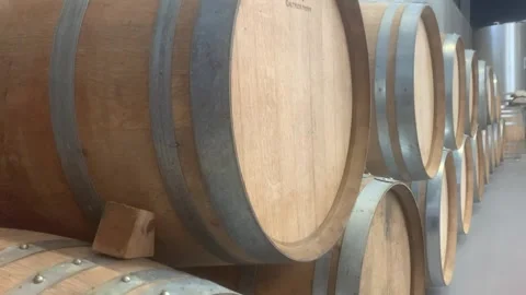 Wine Or Whiskey In Vaults. Barrel In The Basement. Wine, Beer, Whiskey Barrels Stock Footage 254047082