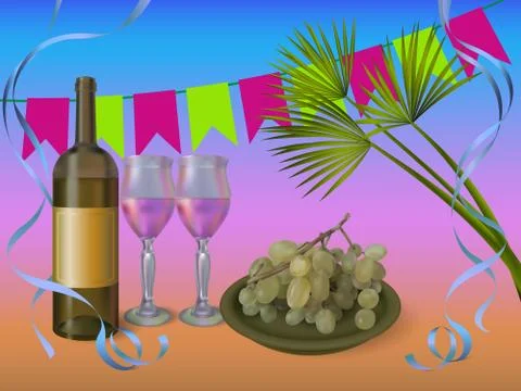 Wine party concept illustration - vector wine bottle with glasses and grapes Stock Illustration