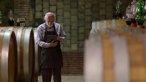 Wine producer using a tablet in a wine cellar, handheld shot Stock Footage 200604026