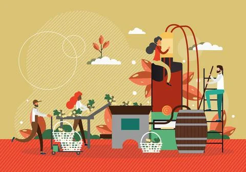 Wine production process concept vector illustration. Winery factory, people Stock Illustration