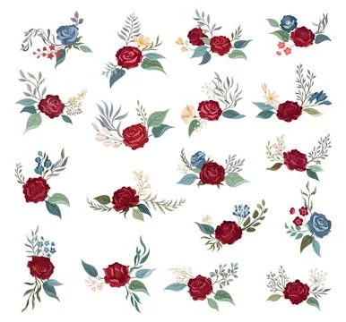 Wine Red Rose Composition with Tender Twigs Big Vector Set 스톡 일러스트