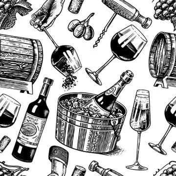 Wine Seamless pattern. Alcoholic drink or Sparkling champagne, bottle and glass Stock Illustration