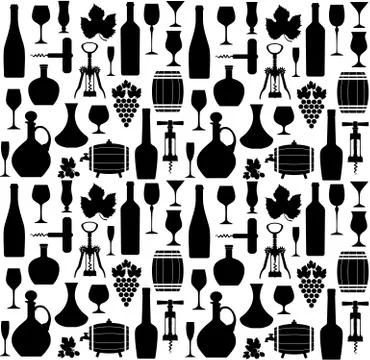 Wine seamless pattern black on white backround. Stock Illustration