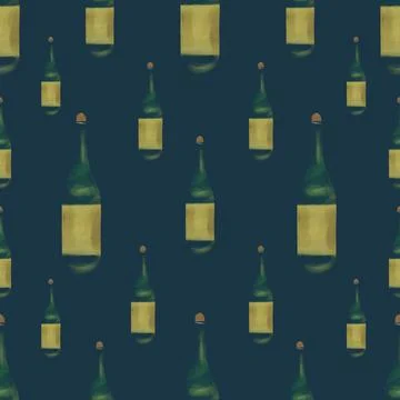 Wine seamless pattern with realistic bottles painted with acrylic in dark colors Stock Illustration