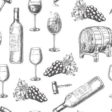 Wine seamless vector pattern. Sketch hand drawn illustration of bottle, glass Stock Illustration
