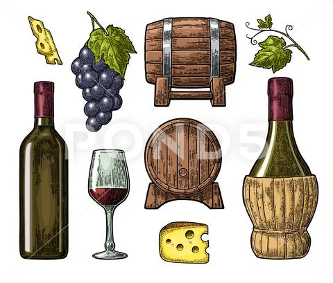 Wine set. Bottle, glass, barrel, cheese, bunch of grapes Stock Illustration