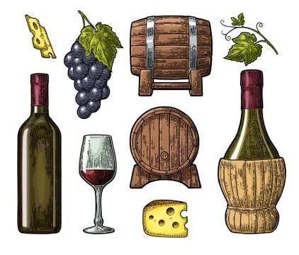 Wine set. Bottle, glass, barrel, cheese, bunch of grapes Stock Illustration