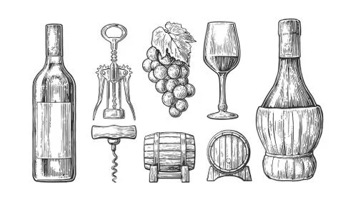 Wine set. Bottle, glass, corkscrew, barrel, bunch of grapes Stock Illustration