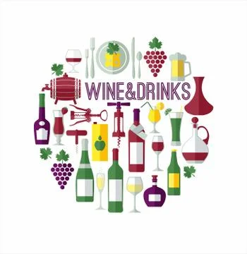Wine set flat icons Stock Illustration