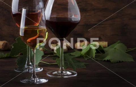 Wine set. Red, white and rose wine in assortment in wineglasses. Wine tasting Stock Photos