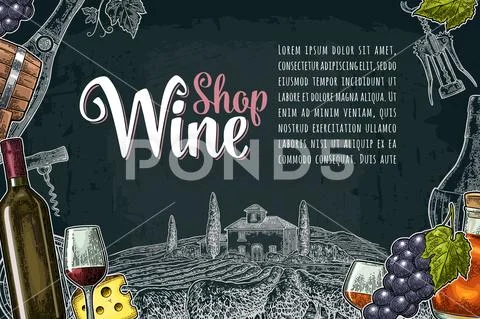 Wine Shop lettering. Vector vintage engraving illustration Stock Illustration