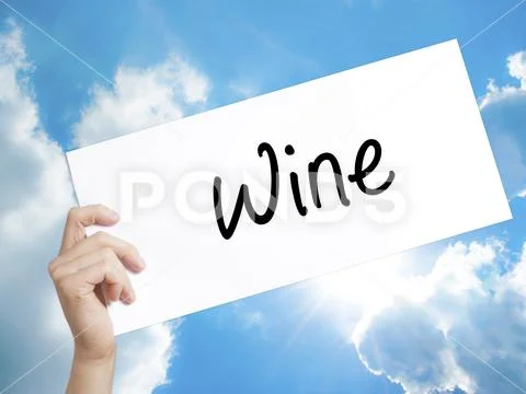 Wine Sign on white paper. Man Hand Holding Paper with text. Isolated on sk.. Stock Photos