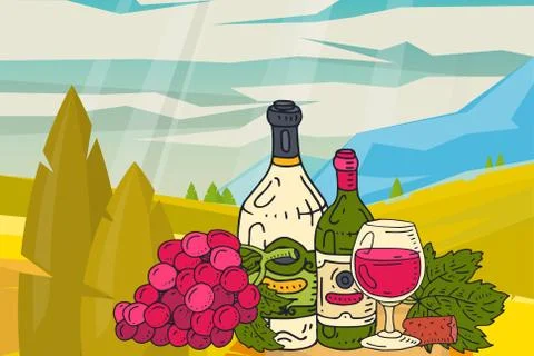 Wine table with snacks mountains nature landscape vector illustrations glass of Stock Illustration