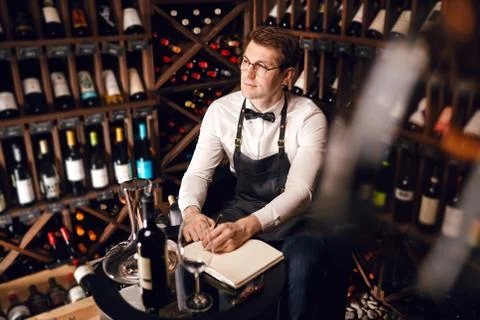 Wine taster writing in notepad information of wine origin and taste. Stock Photos