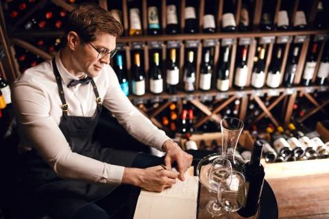 Wine taster writing in notepad information of wine origin and taste. Stock Photos
