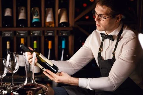 Wine taster writing in notepad information of wine origin and taste. Stock Photos