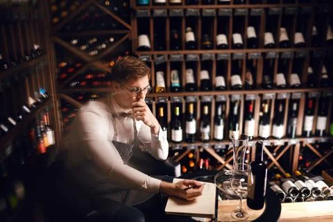 Wine taster writing in notepad information of wine origin and taste. Stock Photos